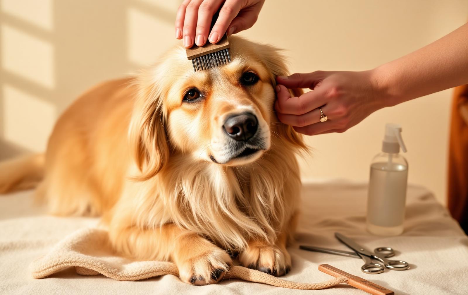 A golden retriever being gently brushed during a grooming session